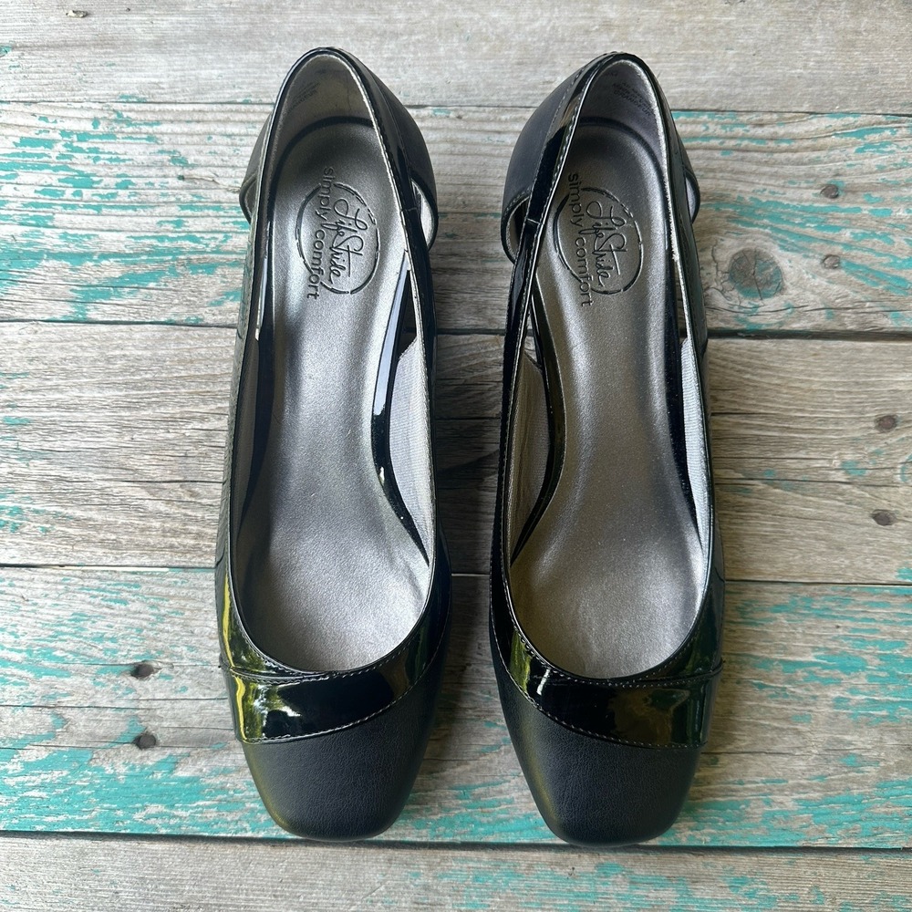 LifeStride Grandeur Wedge Heels Women's 9M US Black Faux Leather Shoes Slip-On